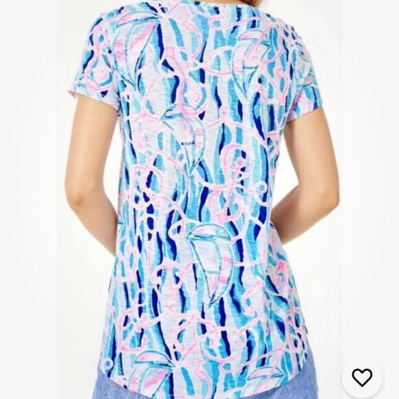 Lilly Pulitzer Etta V Neck Top Short Sleeve Blue Reel Nautical Pink Sailing XXS - Picture 5 of 8